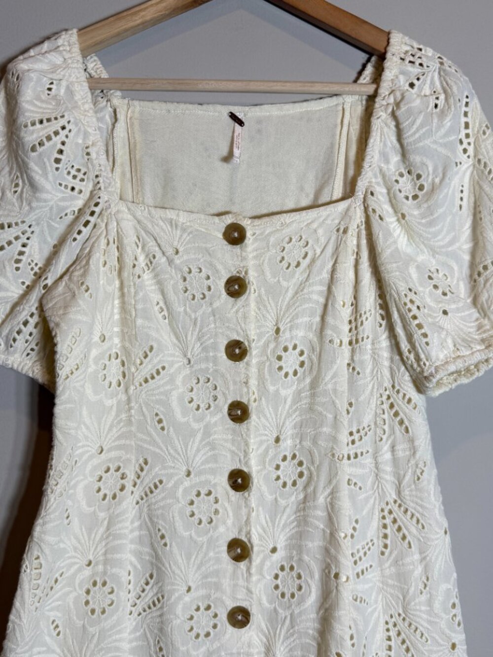 Free People Daniella Eyelet Mini Dress Women's 2 Ivory Puff Sleeve Boho Cotton - Picture 7 of 15